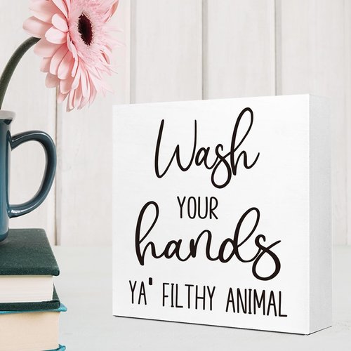 LVQHI Funny Bathroom Sign - 'Wash Your Hands Ya Filthy Animal' Rustic Decor for Shelves & Tabletops