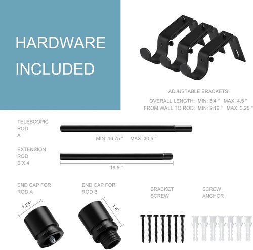 Byondeth Adjustable Curtain Rods - 16 to 88 Inches, 1 Inch Diameter, Black Aluminum Finials (Pack of 2)