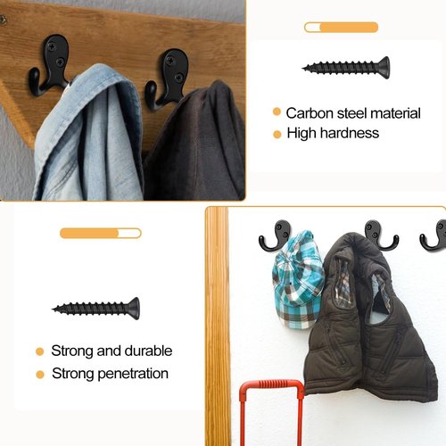 CBWLWJ Heavy Duty Double Prong Coat Hooks - 10 Pack Wall Mounted Metal Hooks for Home Use | Black