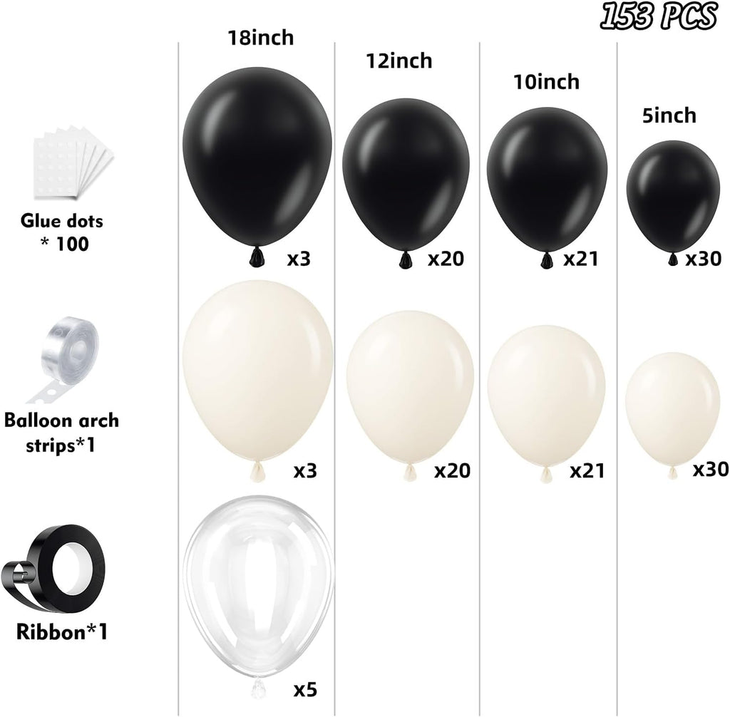 Skiennix 153Pcs Black & Sand White Balloons Garland Arch Kit - 18", 12", 10", 5" Sizes for Birthday & Wedding Decor