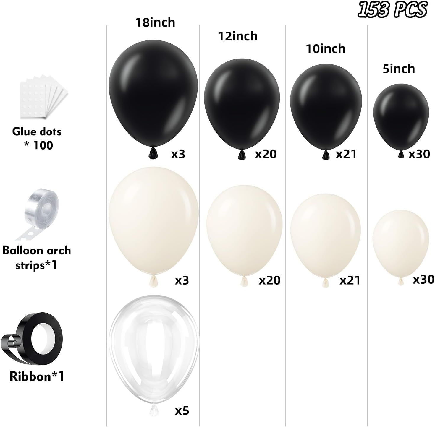 Skiennix 153Pcs Black & Sand White Balloons Garland Arch Kit - 18", 12", 10", 5" Sizes for Birthday & Wedding Decor