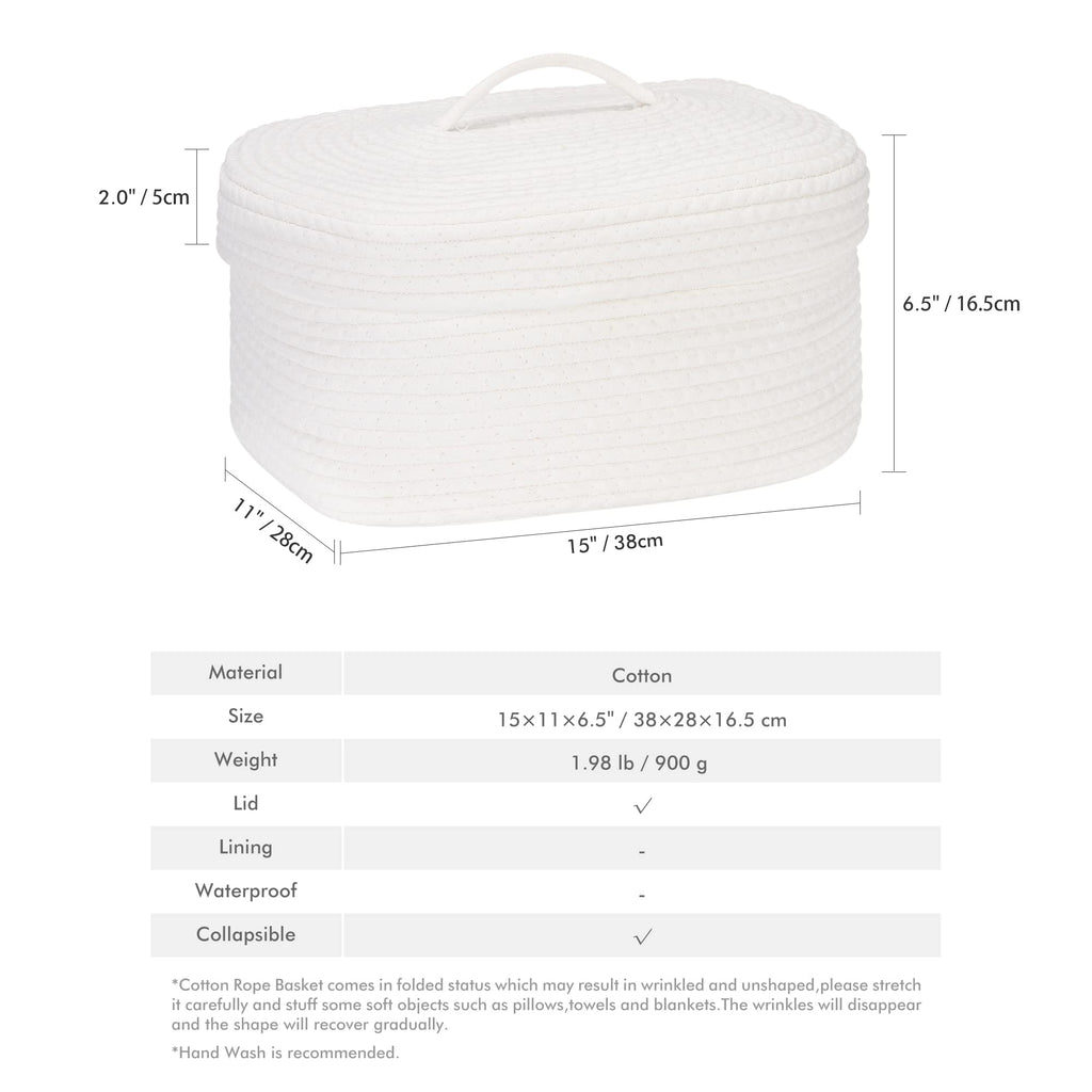 Sea Team Oval Cotton Rope Storage Basket with Lid, Lidded Woven Storage Bin, Nursery Storage Container, Diaper Caddy, Baby Shower Basket, Box, Organizer, 15 x 11 x 6.5 Inches (Medium, White)