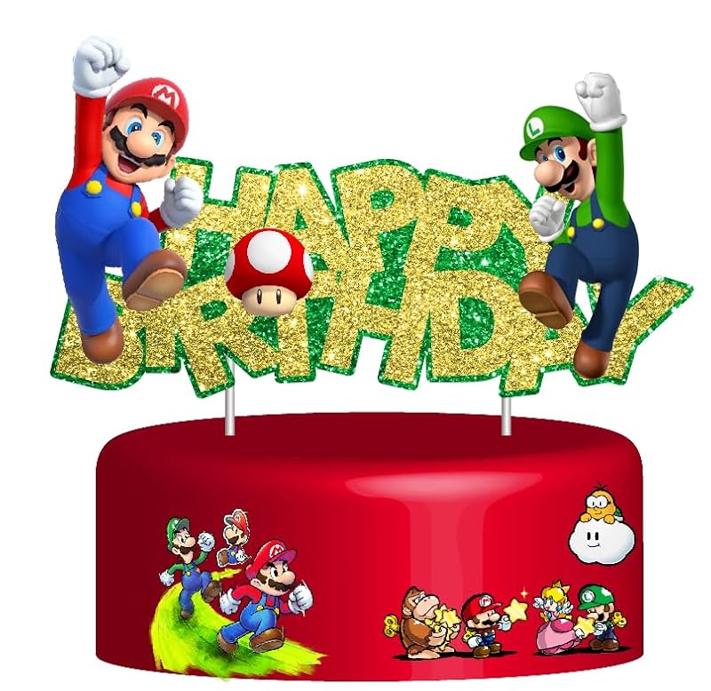 Gold Glitter Mario Cake Topper | Birthday Party Supplies