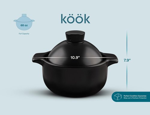 Kook Korean Dolsot Bowl - 68 oz Donabe Style Cookware for Bibimbap, Soups & Stews | Oven & Dishwasher Safe, Black