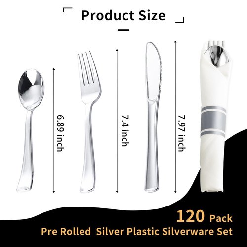 N9R 120 Pack Pre Rolled Silver Plastic Silverware Set, Wrapped Silverware Set Disposable with 120 Forks, 120 Knives, 120 Spoons, 120 Napkins, Disposable Cutlery Set for Party and Wedding