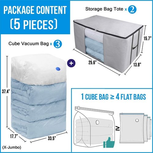 Cube Vacuum Storage Bags - Premium Space Saver Totes with Compression Seal for Clothing & Bedding | Jumbo Organizer
