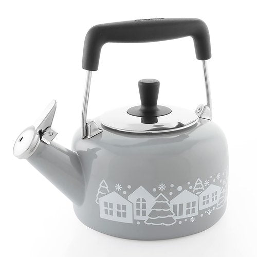 Chantal SVEN "Mountain Village" Enamel-on-Steel Whistling Teakettle, 1.4 quart, Fog Grey with White Decal