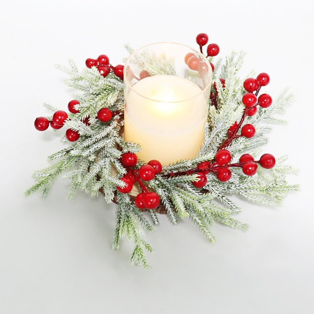 Skiennix 2-Piece Christmas Wreath Candle Rings - Artificial Cedar & Cypress with Red Berries | Holiday Table Decor