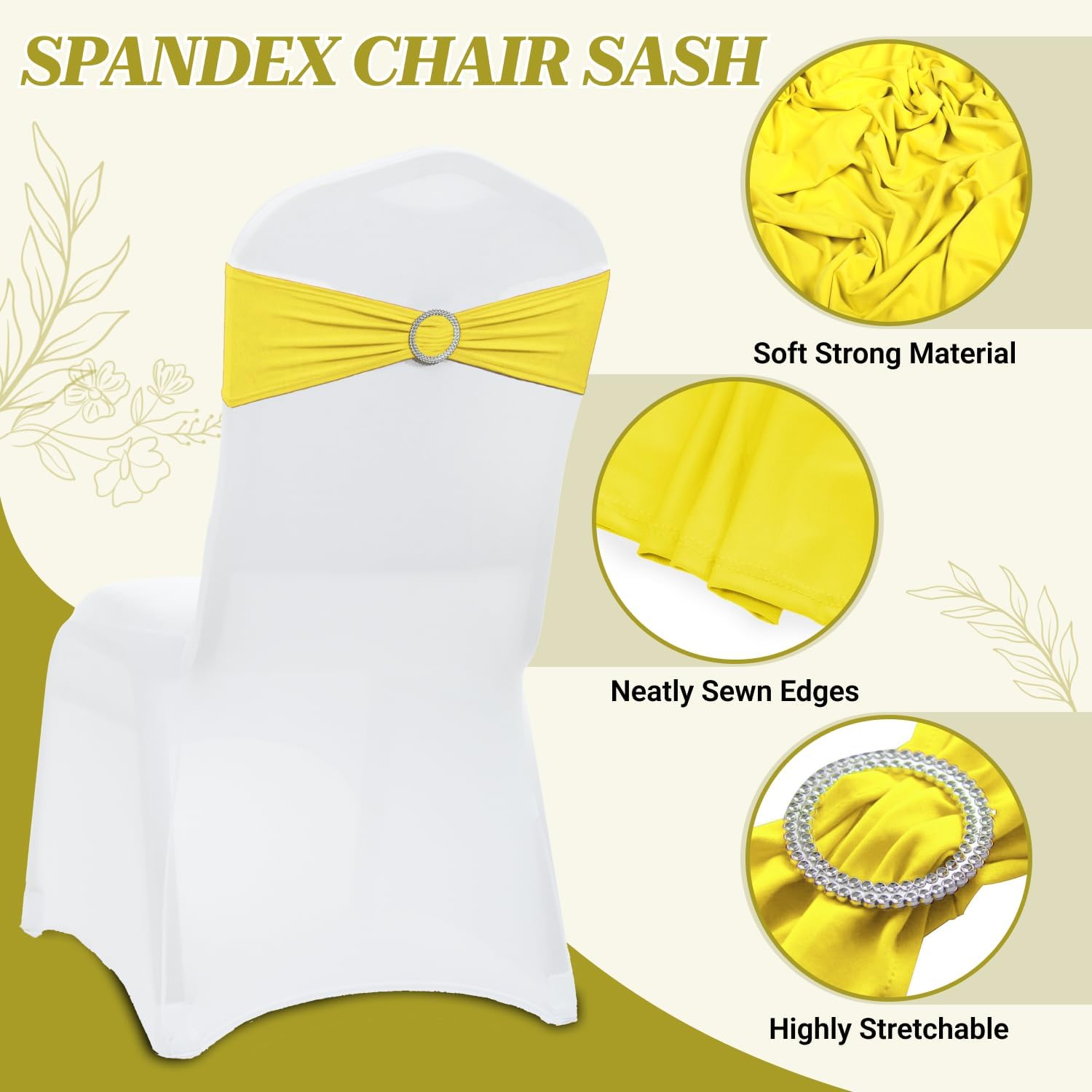 MDS Premium Stretch Chair Sashes - Pack of 25 Universal Elastic Covers for Weddings & Events | Yellow