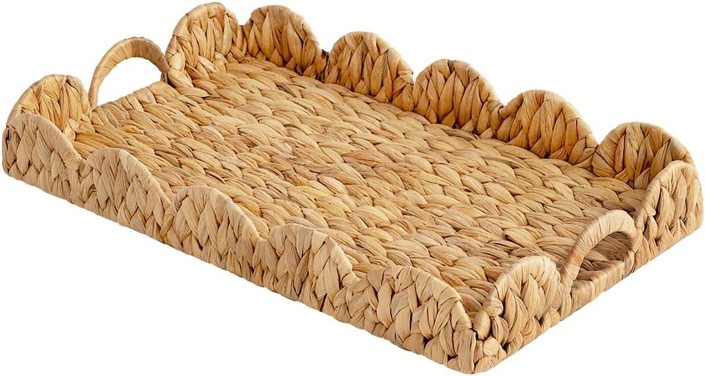 StorageWorks Large Wicker Serving Tray - Hand-Woven Scalloped Rattan Design with Built-in Handles | Natural Water Hyacinth