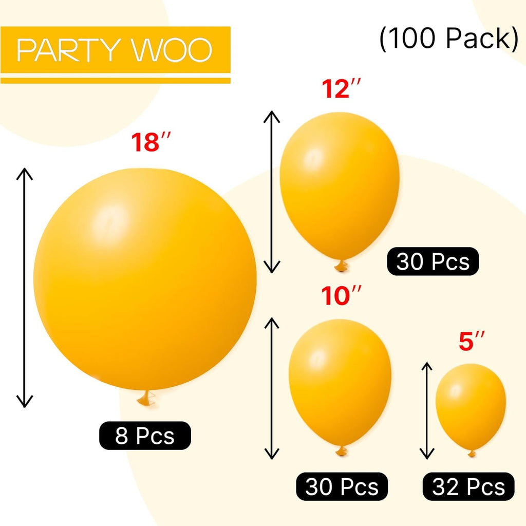 PartyWoo Mustard Yellow Balloons - 100-Piece Set for Birthday & Baby Shower | 18", 12", 10", 5" Sizes
