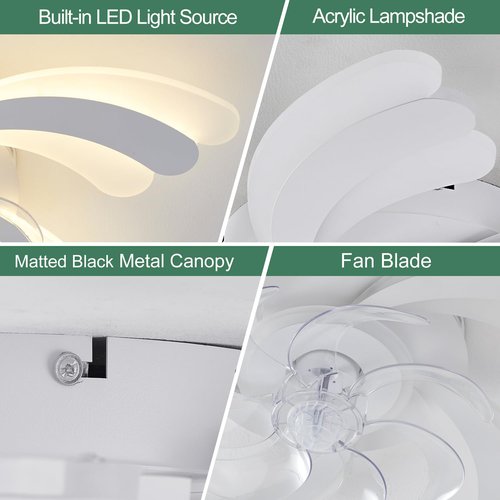 Yfrest Modern Ceiling Fan with Light and Remote, Low Profile 26 Inch Flush Mount Fandelier for Kitchen Bedroom