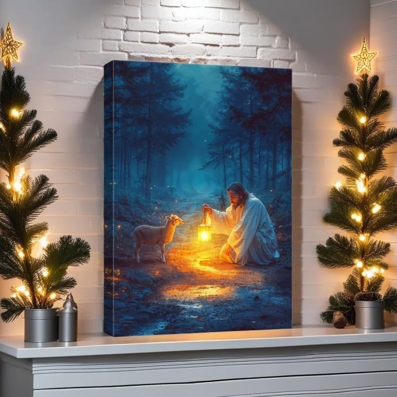 Ploceiny Christian Wall Art | Jesus Running After Lost Lamb Canvas Print | 16" x 24" Home Decor