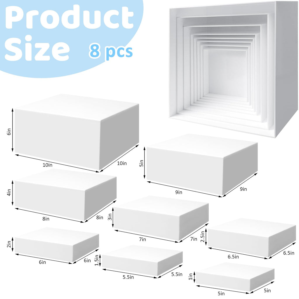 8PCS Buffet Risers, Food Risers for Buffet Table, Display Stand for Catering Dessert, White Acrylic Cube Boxes Nesting Risers for Cupcake Candy Food, Parties, Brunch (10'',9'',8'',7",6.5",6",5.5",5")