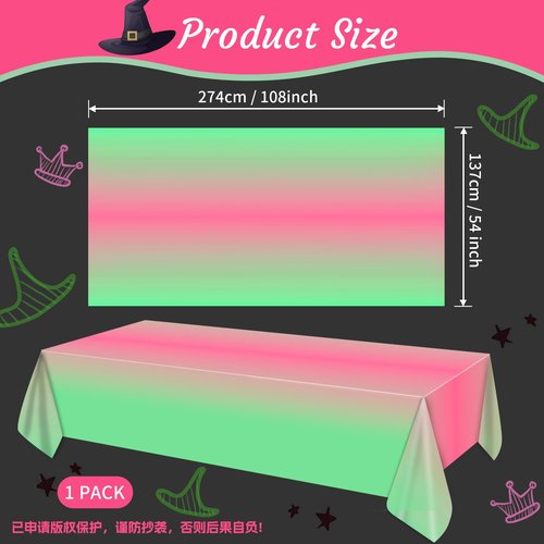 AFZMON 1 Pack Witch Birthday Party Decorations Tablecloth, Pink and Green Disposable Rectangle Plastic Table Decors Cloth for Kids Baby Shower Wedding Party Supplies, 54 x 108Inch
