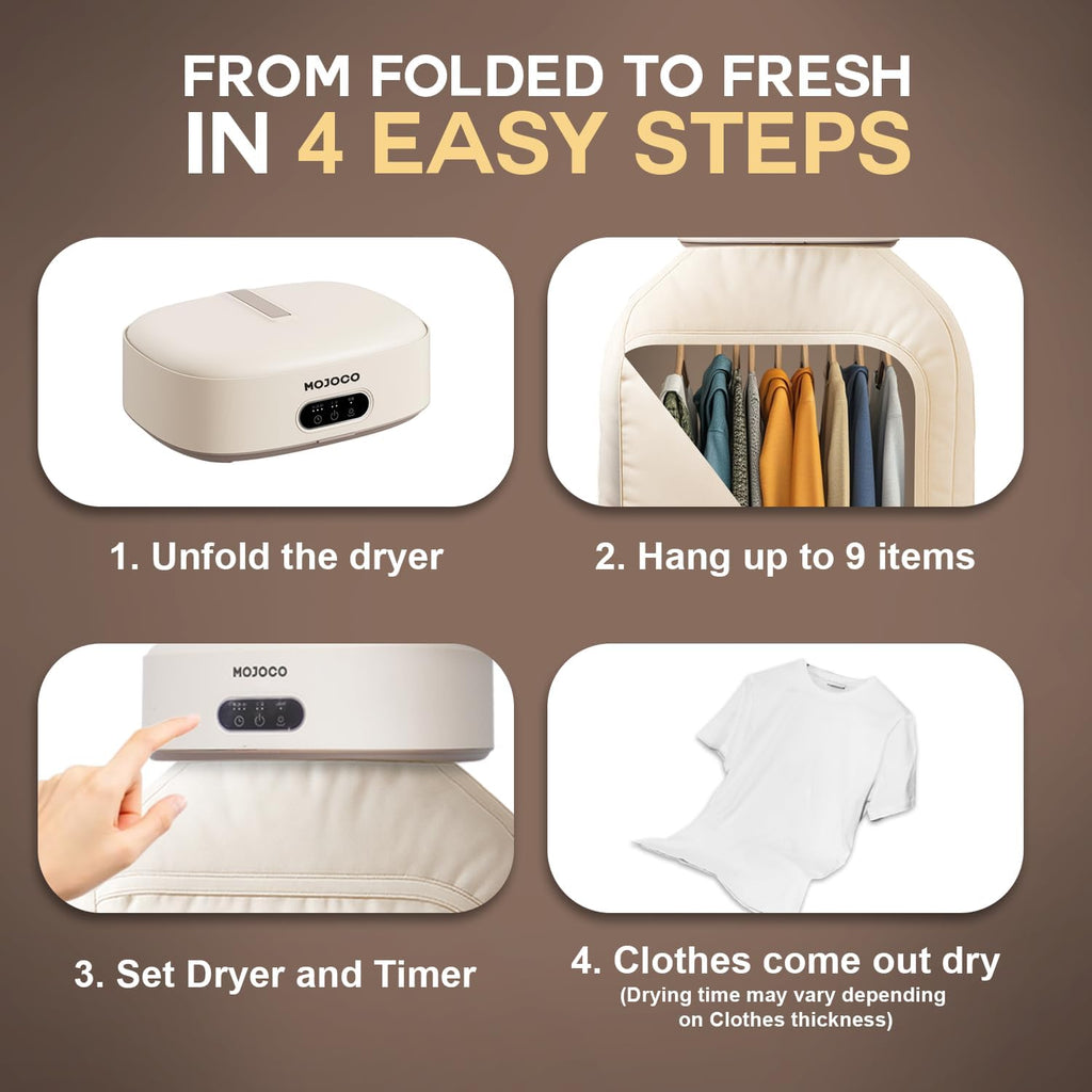 MOJOCO Portable Clothes Dryer - Compact Mini Dryer for Travel & RV | Quiet Fast-Drying with Adjustable Timer