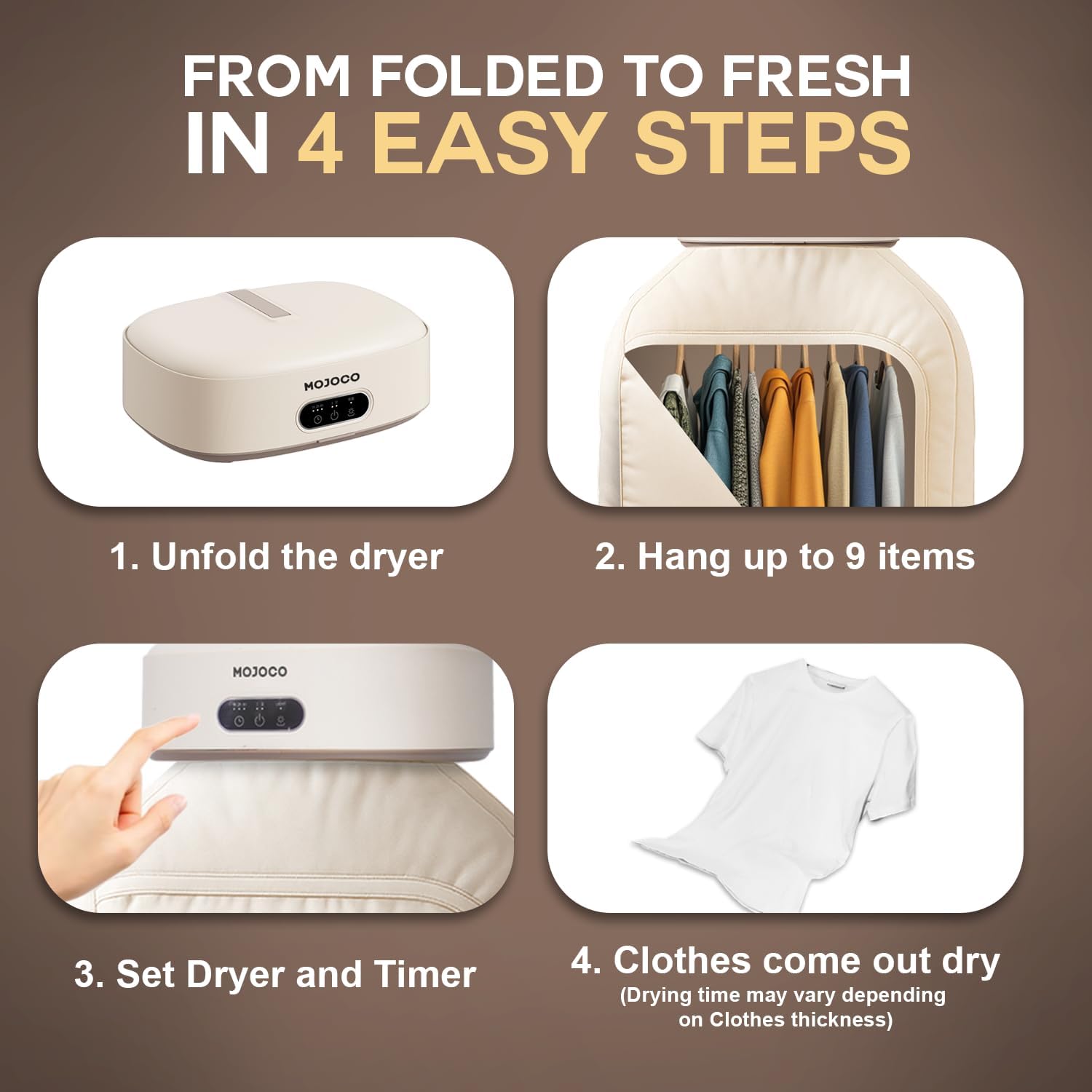 MOJOCO Portable Clothes Dryer - Compact Mini Dryer for Travel & RV | Quiet Fast-Drying with Adjustable Timer