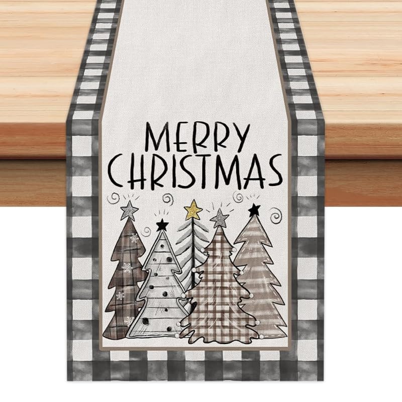 Table Runner 13x72 Inches - Merry Christmas Buffalo Plaid, Yellow