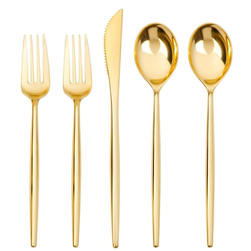 SUT 300 Pcs Gold Plastic Cutlery, Gold Utensils Disposable, Gold Plastic Silverware Set Include 100 Gold Plastic Forks, 100 Gold Plastic Spoons, 100 Gold Plastic Knives Heavy Duty Flatware for Party