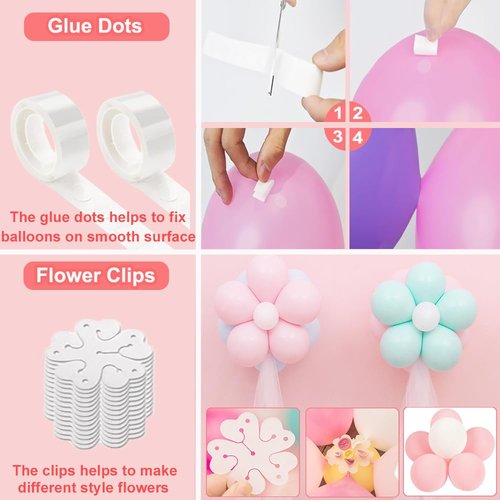 38-in-1 Balloon Arch Garland Kit, 6 Rolls 98ft Tape Strips, 6 Rolls 600 Glue Dots, 20 Flower Clips, 4 Ribbons and 2 Tie Tools for Birthday Wedding Party Decoration