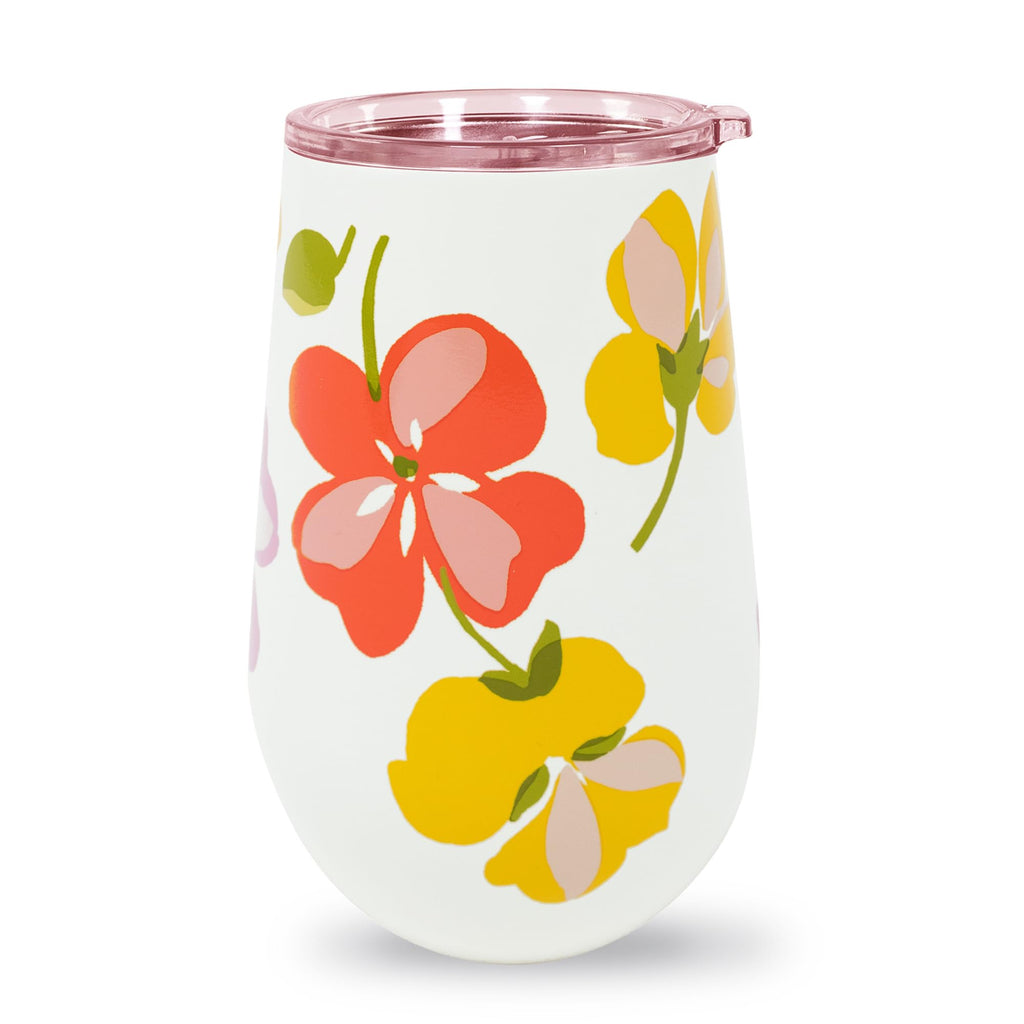 kate spade new york Insulated Stainless Steel Wine Tumbler, 16 Ounce Double Wall Tumbler, Floral Stemless Travel Cup with Lid (Spring Pansies)
