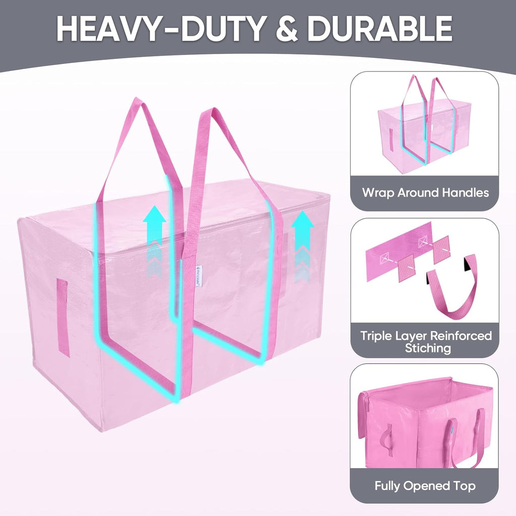 TICONN Extra Large Moving Bags - Heavy Duty Storage with Zippers & Handles | 6 Pack, Pink