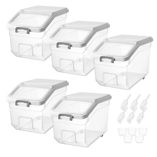 LECEHIVO 5 Pcs Rice Storage Container with Wheels 28 lb Airtight Flour Cereal Grain Organizer Box with Measuring Cup and Flour Scoops Clear Cube Pet Food Bin for Dog Cat Birds Baking Supplies