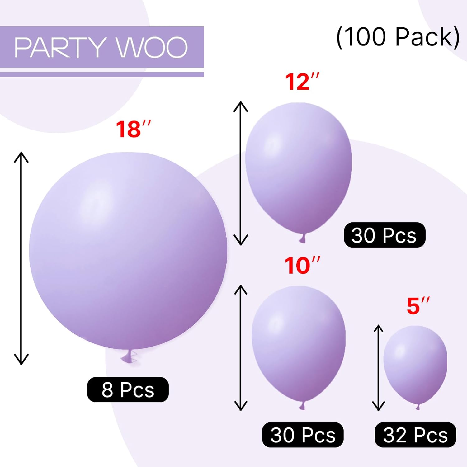 PartyWoo Lavender Balloons - 100pcs Pastel Purple Balloon Arch Kit for Baby Showers & Parties | 5-12 Inch Sizes