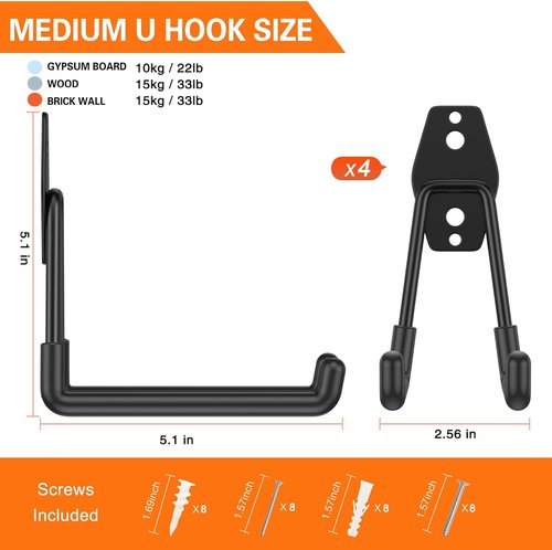 HUPBIPY Heavy Duty Garage Hooks - 4 Pack U-Shaped Wall Mount Tool Organizer for Ladders & Hoses