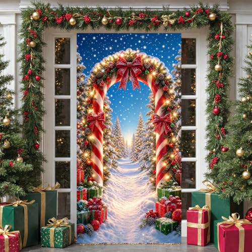 Christmas Door Banner Cover - Winter Wonderland Candy Cane Arch, Style A, 71x35 Inches
