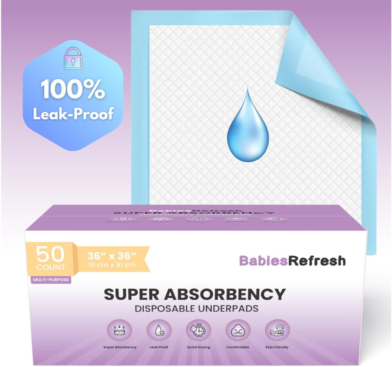 Regine Switzerland 50 Count Disposable Underpads - Super Absorbent, Leakproof, Quick Drying | 36” x 36”, Blue XXL