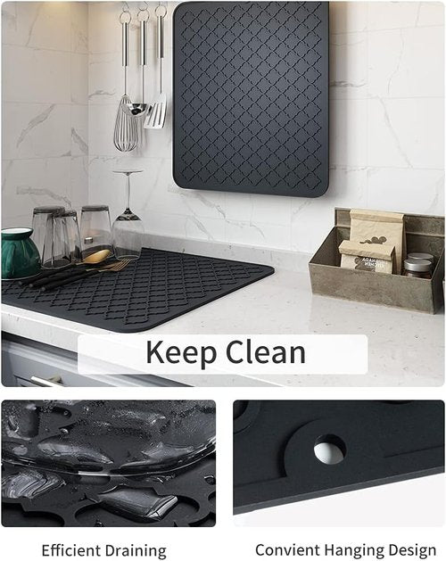 AMOAMI Dish Drying Mat - Heat Resistant Silicone Kitchen Pad | 12" x 16", Black