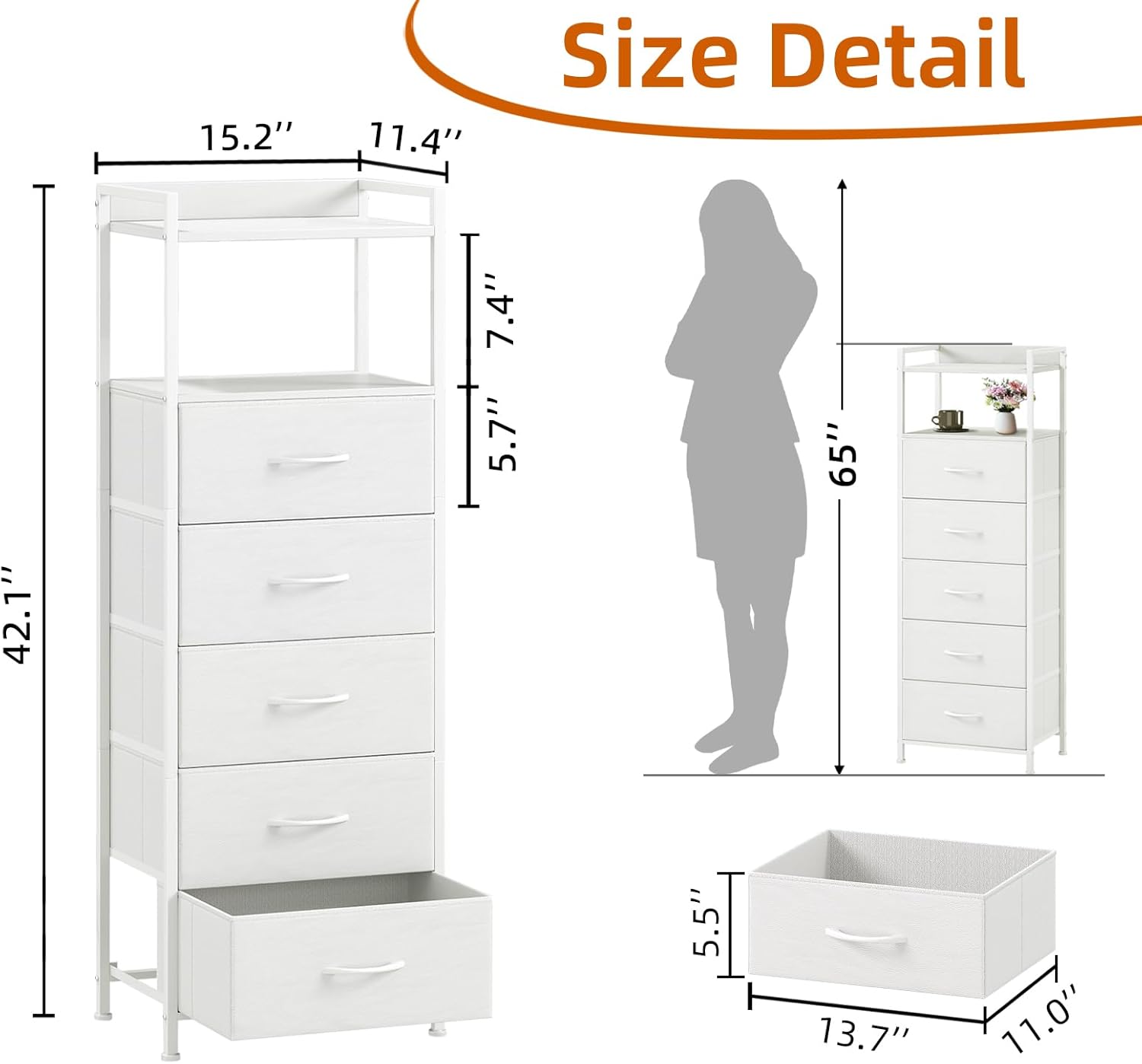 Somdot Tall Dresser - 5-Drawer Vertical Storage Tower Unit for Bedroom & Kids Room - White Leather