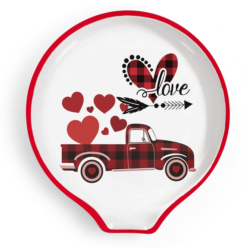 4.7inch Valentine Ceramic Spoon Rest Red Plaid Truck Heart Love Coffee Spoon Holder for Valentine's Day Coffee Stirrers Teaspoon Bar Coffee Station Accessories