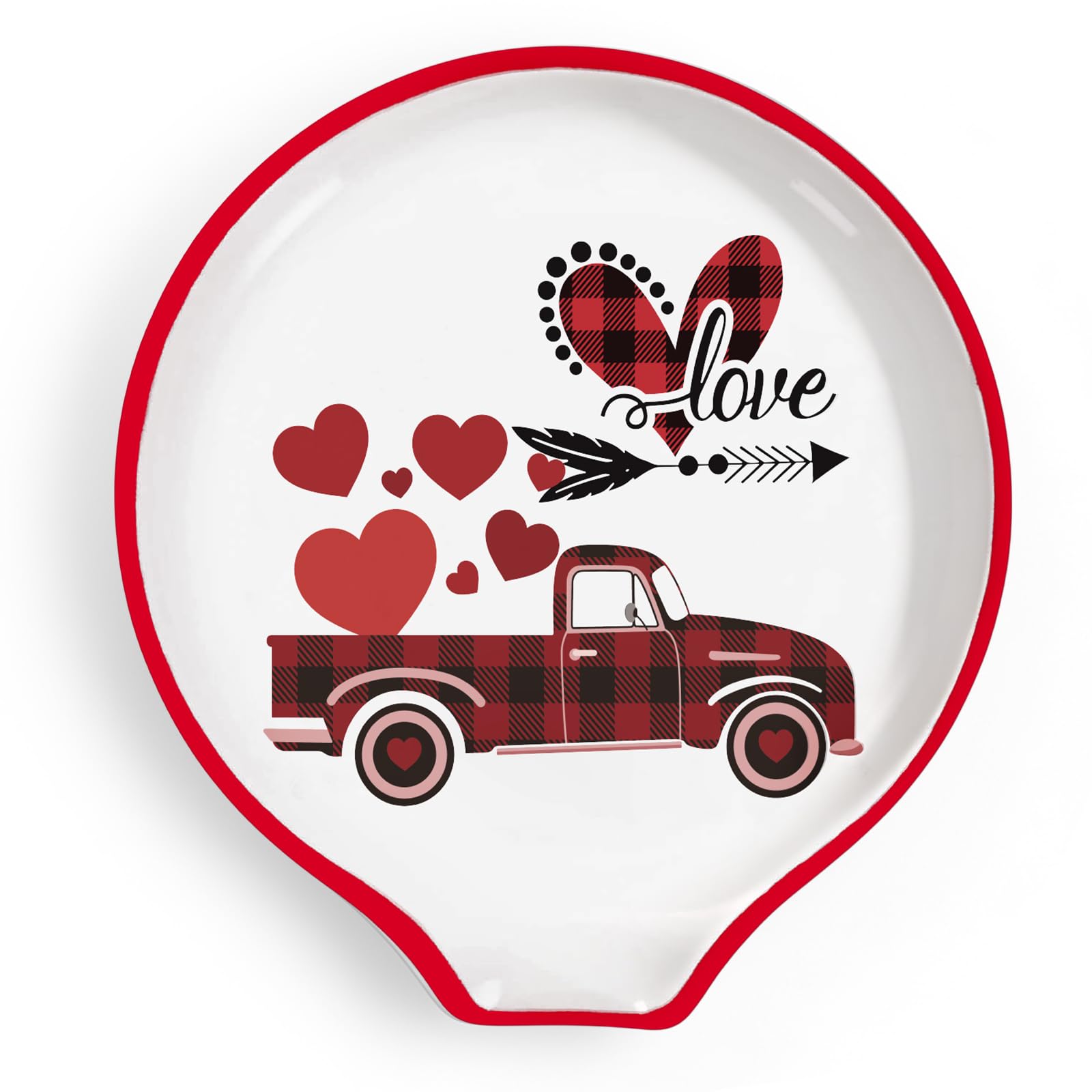 4.7inch Valentine Ceramic Spoon Rest Red Plaid Truck Heart Love Coffee Spoon Holder for Valentine's Day Coffee Stirrers Teaspoon Bar Coffee Station Accessories