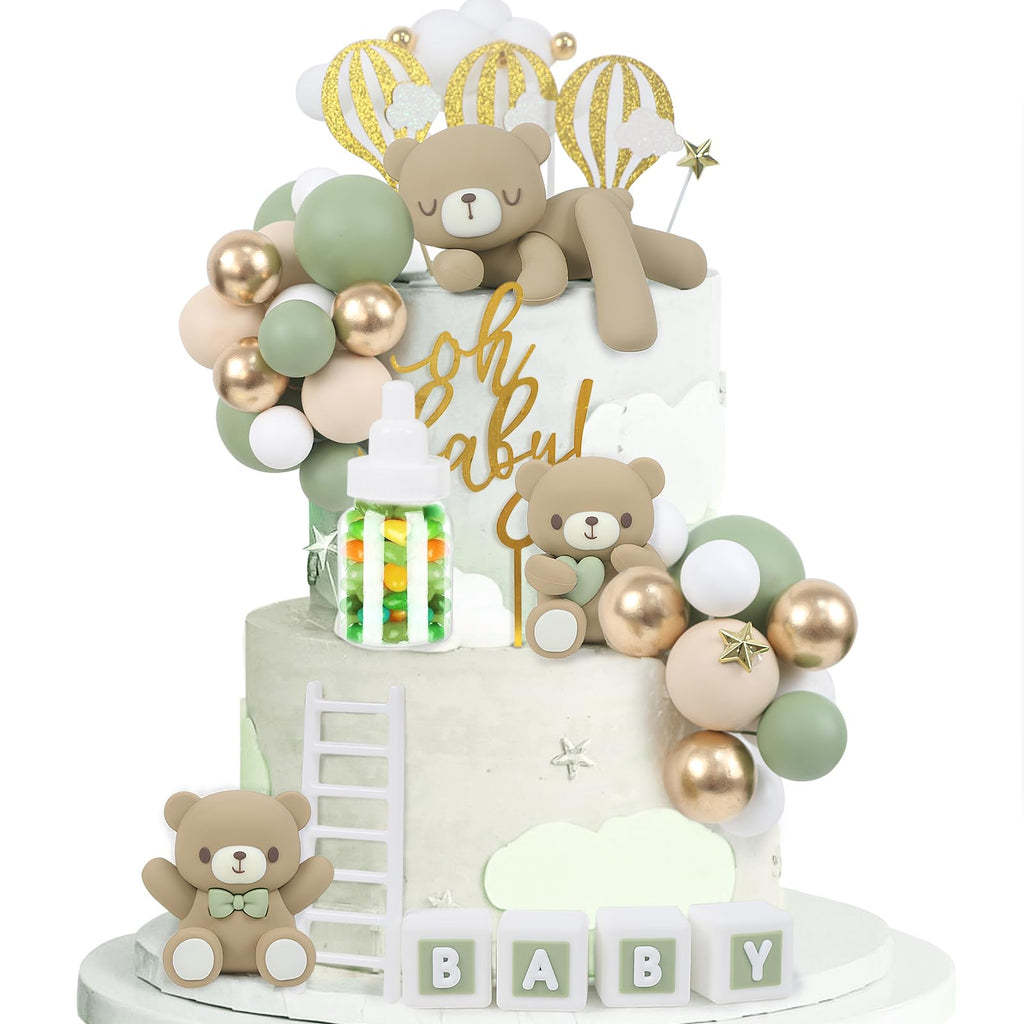 Acmee 44 PCS Green Bear Cake Toppers - Mini 3D Bear BABY Letters Milk Bottle Green Gold Foam Balls Cake Toppers for Boy Girl Birthday Party Baby Shower Cake Decorations