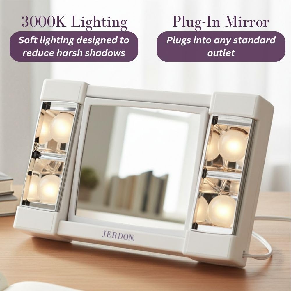JERDON Two-Sided Makeup Mirror with Lights - Vanity Mirror with 3X Magnification & Glare-Free Lighting - White Base - Model J1010