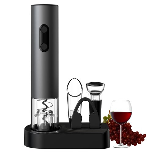 COKUNST Electric Wine Opener, 4-in-1 Wine Bottle Opener Set with Base, Cordless Automatic Battery Operated Corkscrew with Foil Cutter, Pour, Vacuum Stoppers, Gift for Home Party, Staninless Steel