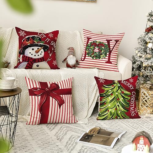 Christmas Throw Pillow Covers 20x20 Inches Set of 4 Red Holiday Cushions - Stripes