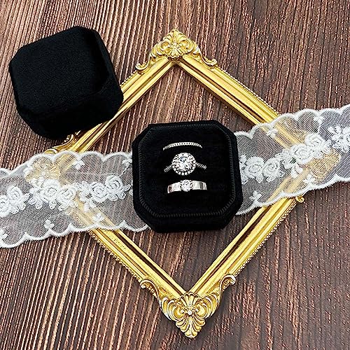 Black Velvet Ring Box - 3 Slots Octagon Holder for Weddings