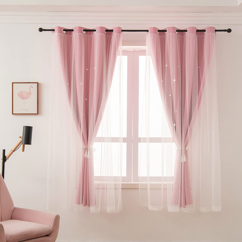 LUGOTAL Pink Curtains for Girls Bedroom Kids Baby Room Decor Cute Double Layer Star Cutout Curtains Room Darkening Window Curtain for Nursery (Pink, 42W x 84L,2 Panels)