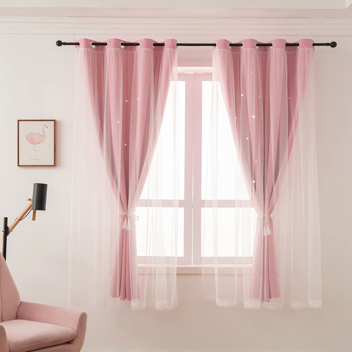 LUGOTAL Pink Curtains for Girls Bedroom Kids Baby Room Decor Cute Double Layer Star Cutout Curtains Room Darkening Window Curtain for Nursery (Pink, 42W x 84L,2 Panels)