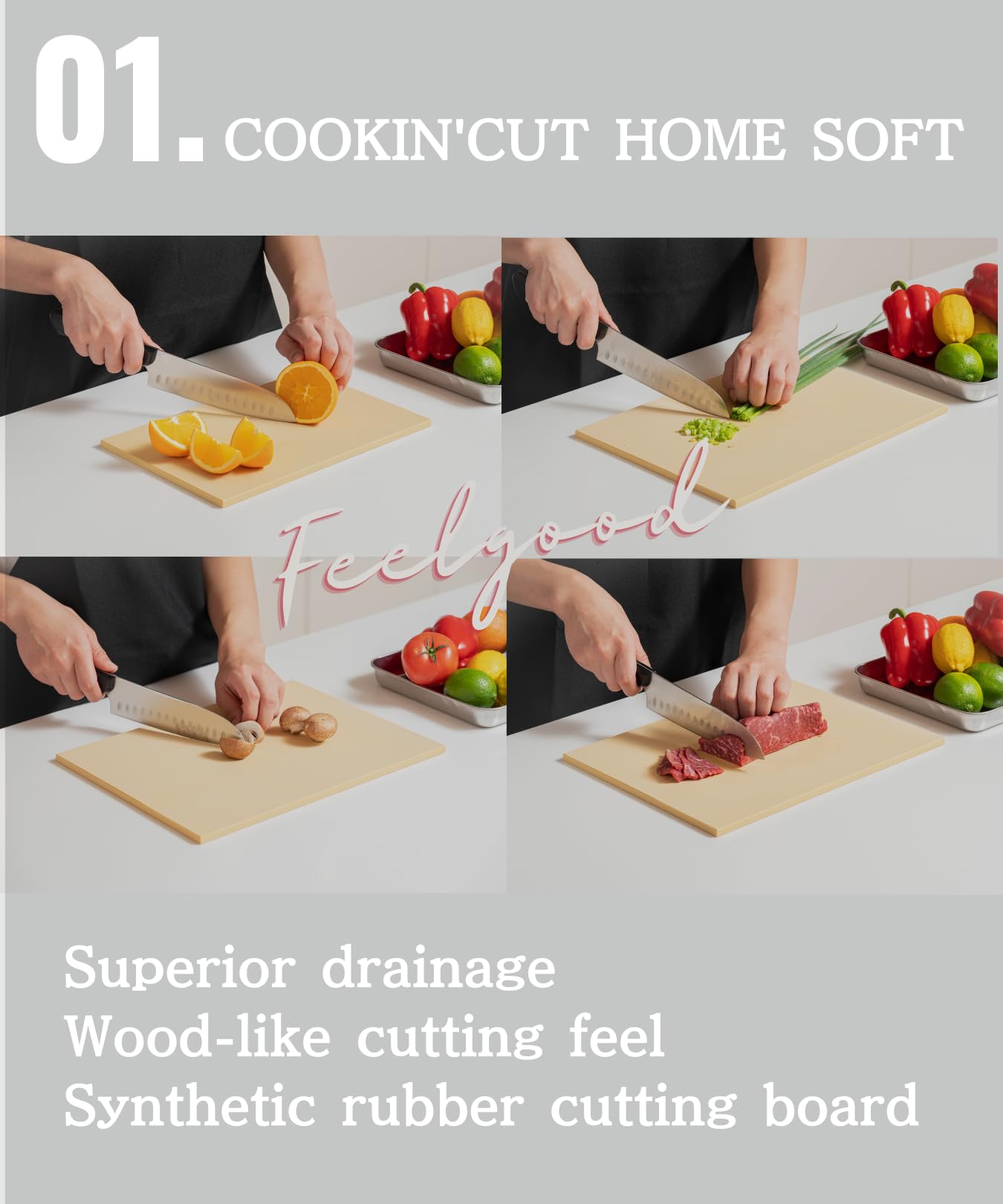 Nihon Sandain Synthetic Rubber Cutting Board – “Cookin' Cut” Soft Household Use, Size M 12.99×9.84×0.31in, 1.63lb,Beige – Scratch Resistant, Dishwasher Safe, Lightweight and Portable Made in Japan