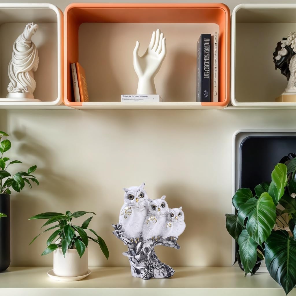 Skiennix Realistic Three Owls Figurine - Vintage Resin Statue for Home Decor | Indoor Table Accent (White)