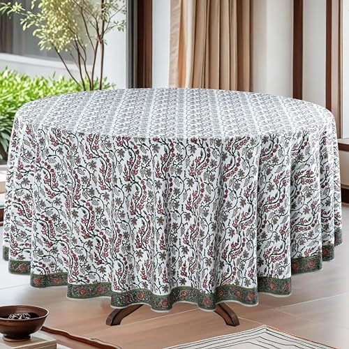 Round Cotton Tablecloth 90 Inch Coral Pink Block Print - Traditional Indian Design