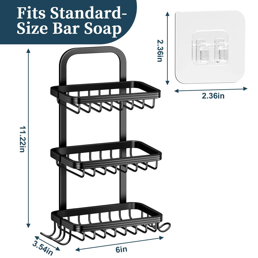 3 Tier Soap Bar Holder for Shower, Aluminum Wall Mounted Rustproof Soap Holder with 4 Hooks and Razor Holder, Shower Rack Soap Tray Bar Soap for Bathroom Accessories Organizer Black