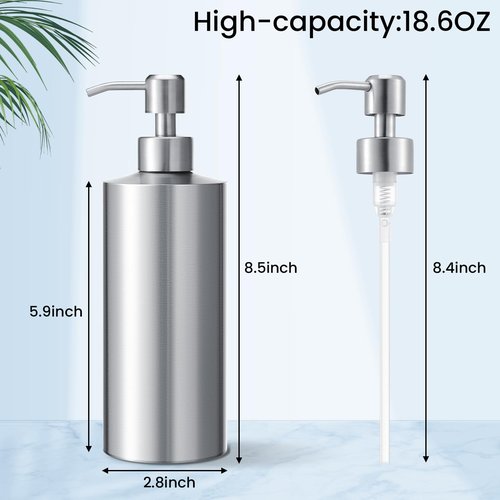 2 Pcs Large Stainless Steel Soap Dispenser(18.6 oz/550 Ml), Countertop Liquid Hand Soap Pump Bottle Rust Leak Proof Stand Free Metal Dispenser for Countertop Bathroom Kitchen Sink Hand Dish Lotion