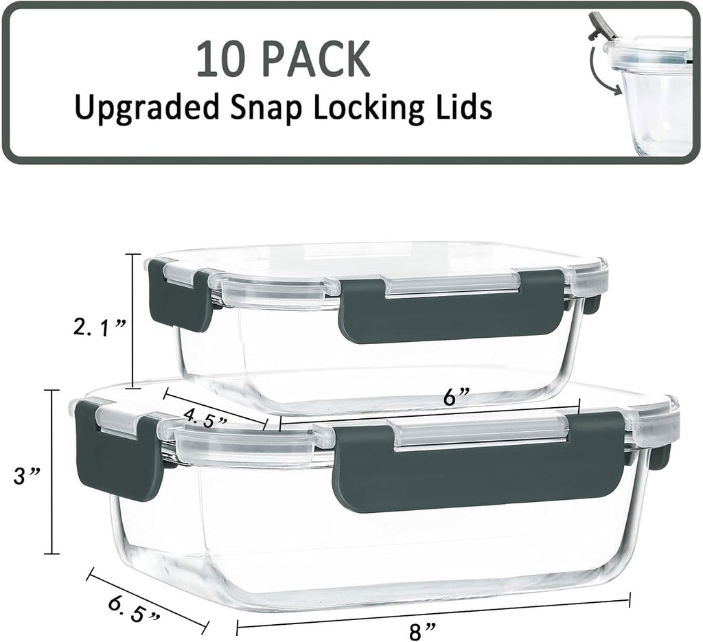 MCIRCO Glass Meal Prep Containers - Airtight Food Storage with Snap Locking Lids | 10-Pack, Microwave & Oven Safe