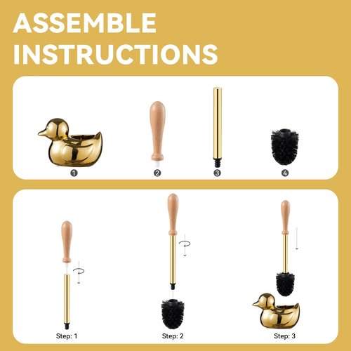 Duck Toilet Brush and Holder Set - Ceramic Bathroom Toilet Scrubber Brush Organizer with Wooden & Stainless SteelHandle, Gold Toilet Brush & Cute Duck Design for Bath Decor Storage