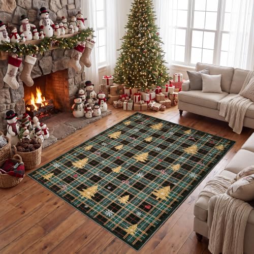 Large Christmas Tree Rug 9x12 Washable Living Room Decor - Black